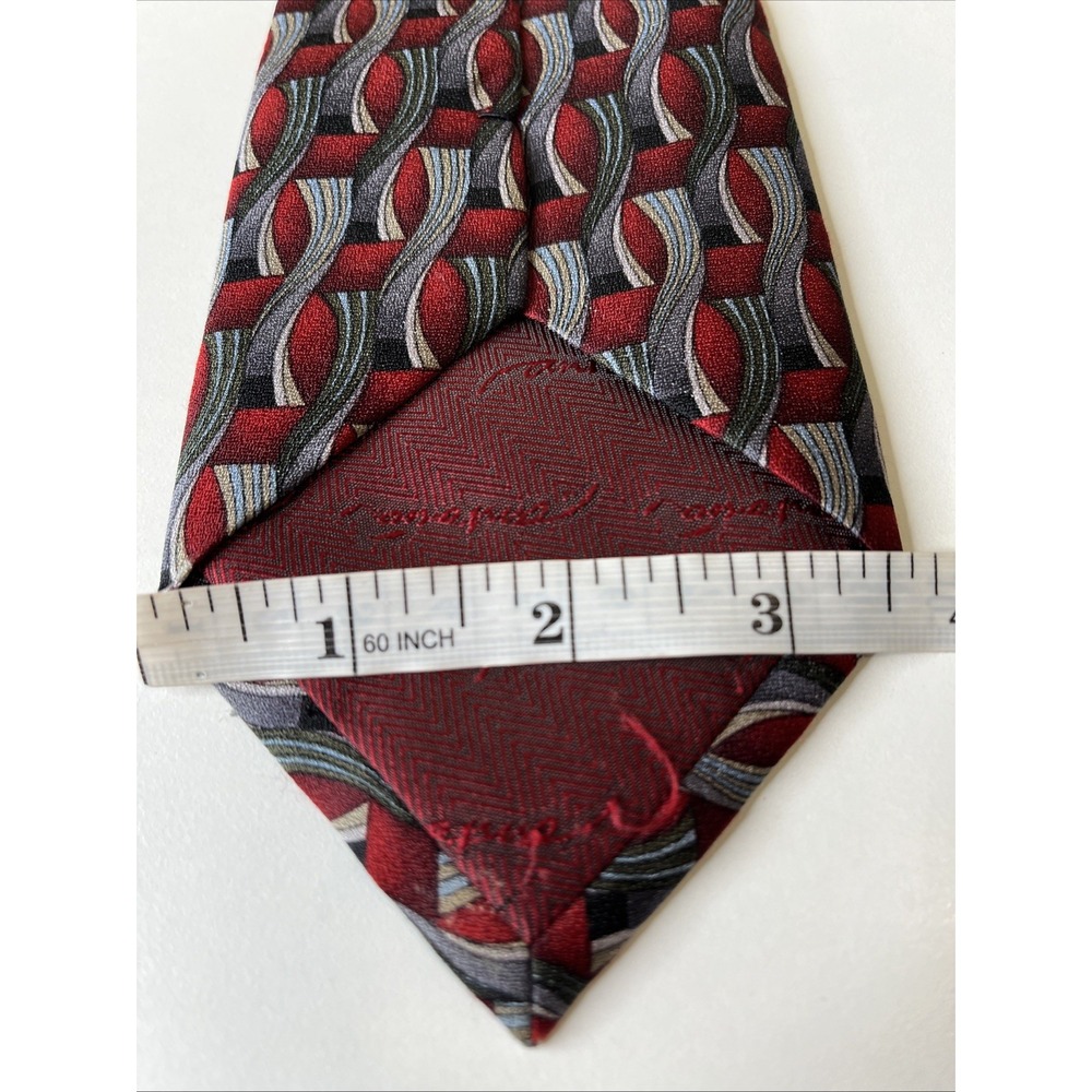 Antonia Collection EXTRA LONG Italian 100% Silk Tie Red Silver Geometric Career - Picture 5 of 6